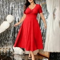 thumbnail image 5 of Ayolanni V-Neck Dresses for Women Casual Short Sleeve Solid Maxi A-Line Dress Dressy Fitted Waist Vacation Wedding Guest Lace Patchwork Sundress Red XXL, 5 of 9