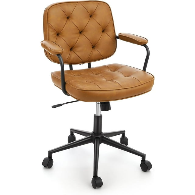 BeesClover Modern PU Padded Desk Chairs with Armrests, Mid Back Lumbar Support Office Computer Desk Chair with 360° Swivel Rolling Wheels, Height Adjustable Office Chair