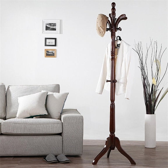 LUVODI Freestanding Wood Coat Rack Stand Height Adjustable Entryway Coat Tree Hanger Stand with Triangle Legged Base, 13 Hooks