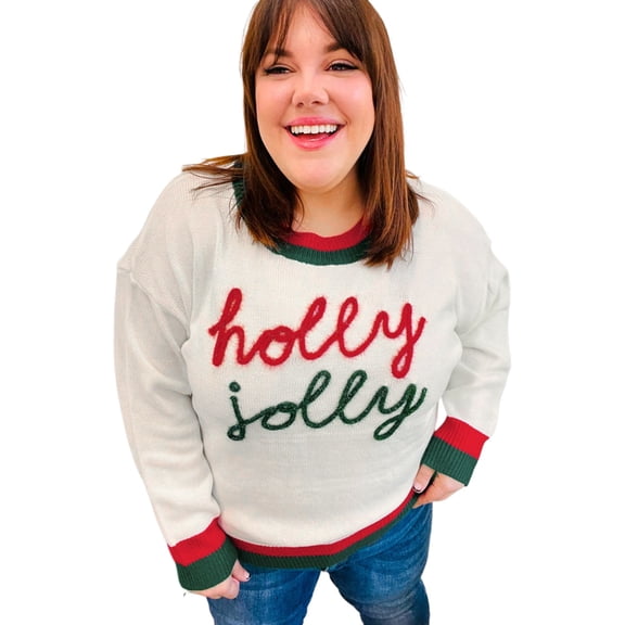 Women's Plus Size White Tinsel Holly Jolly Colorblock Edge Drop Shoulder Sweater | [ZhiHiMeRi] | (US 14W-16W)1X