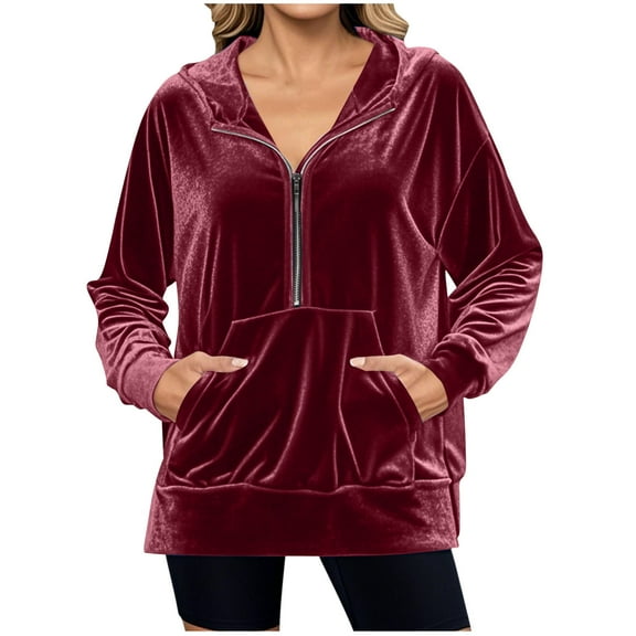 fatyb Women's Velour Hoodies Half Zip Velvet Hooded Sweatshirts with Pockets Long Sleeve Casual Pullover