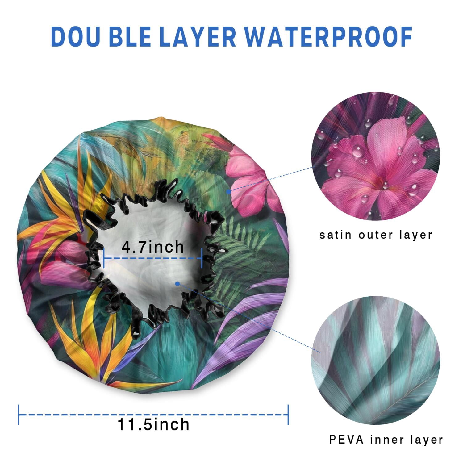 Shower Caps,Colorful Tropical Leaf Pattern Waterproof Shower Cap for Women 4 Pieces,Double Reusable Hair Cover for Shower PEVA Elastic Stretch Hem