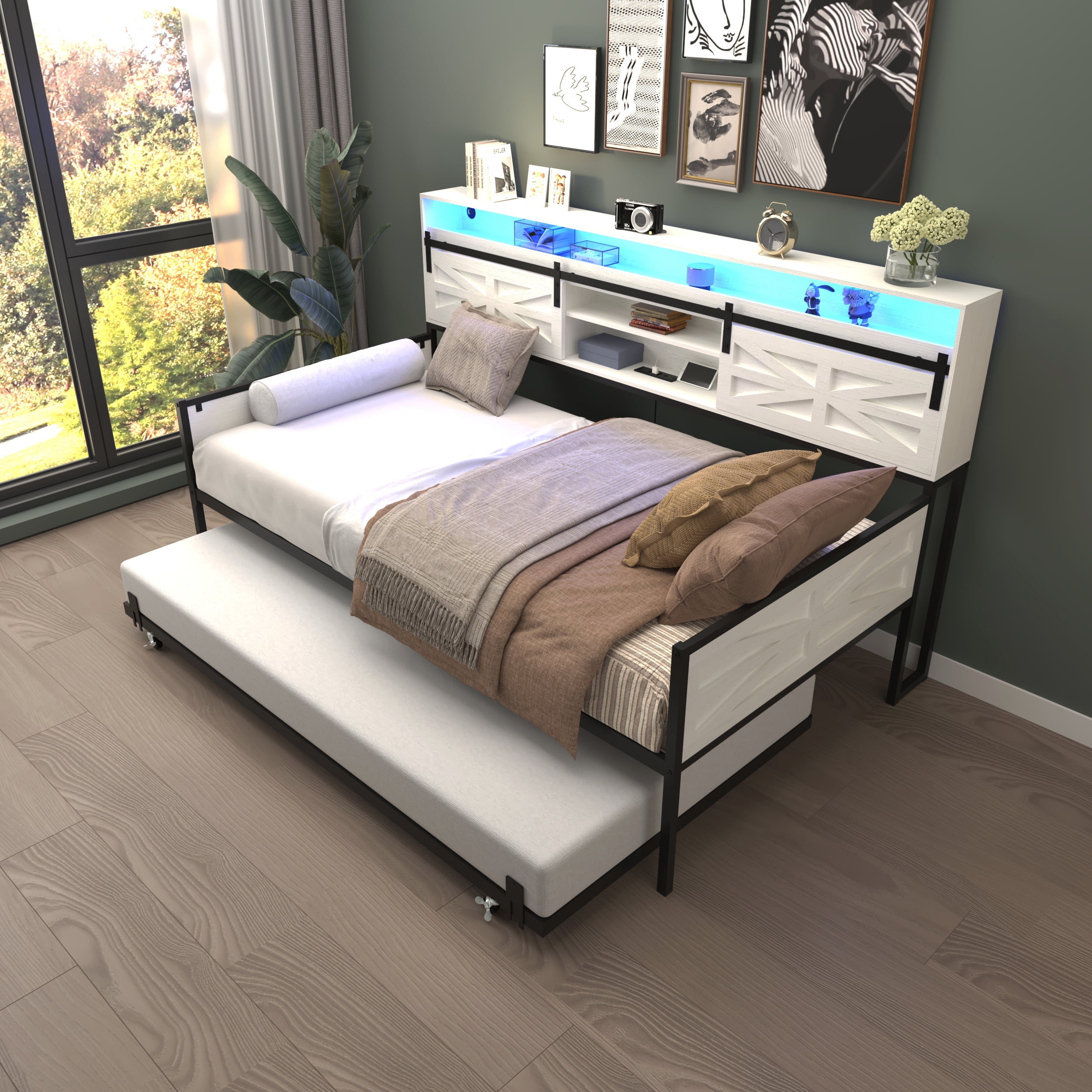 Mintazer Farmhouse Twin Bed Frame with Trundle & RGB LED Headboard, Platform Daybed with Sliding Barn Door Storage for Bedroom & Living Room, White