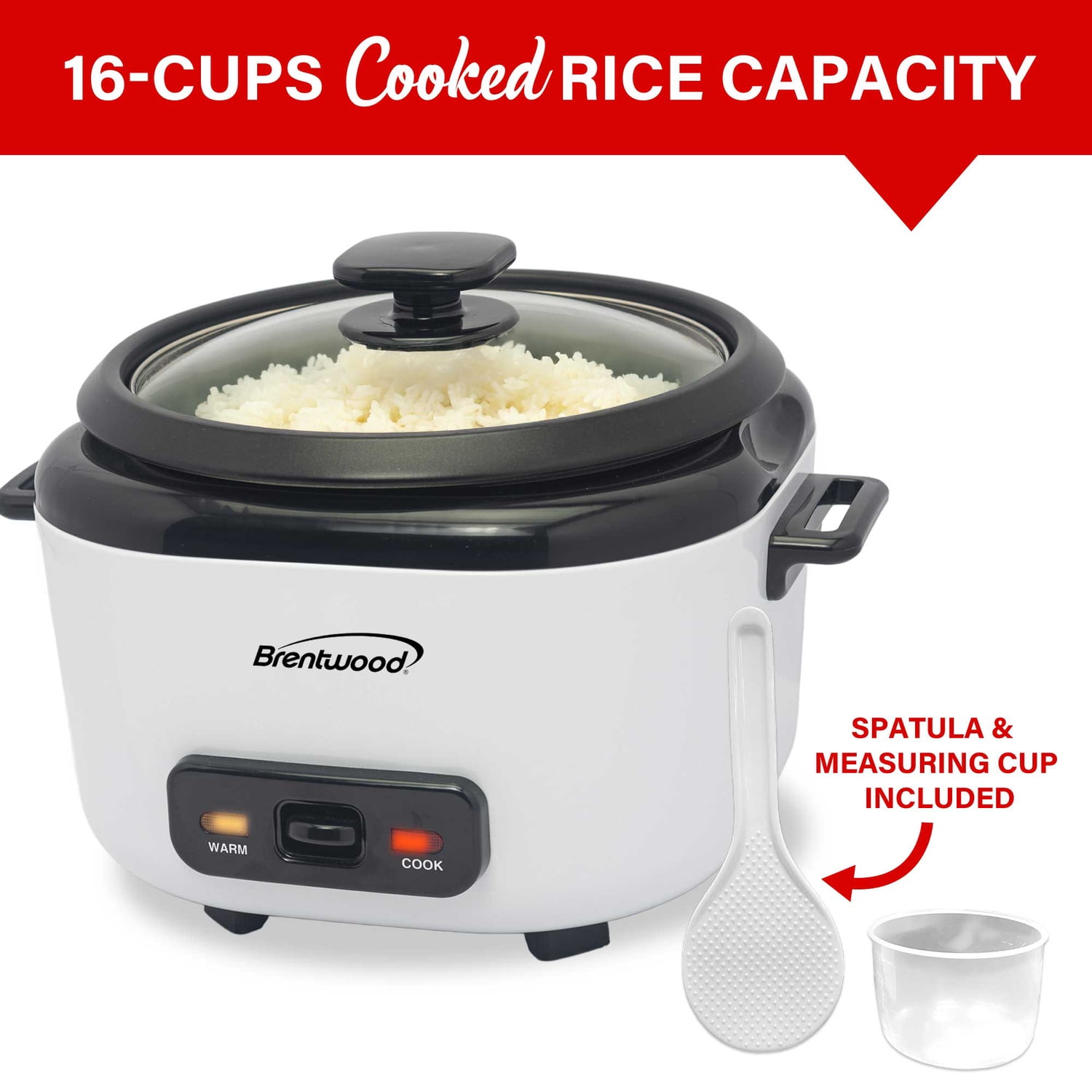 Brentwood 8-Cups Uncooked/16-Cups Cooked Electric Rice Cooker with Measuring Cup and Spatula, White, RC-5016W