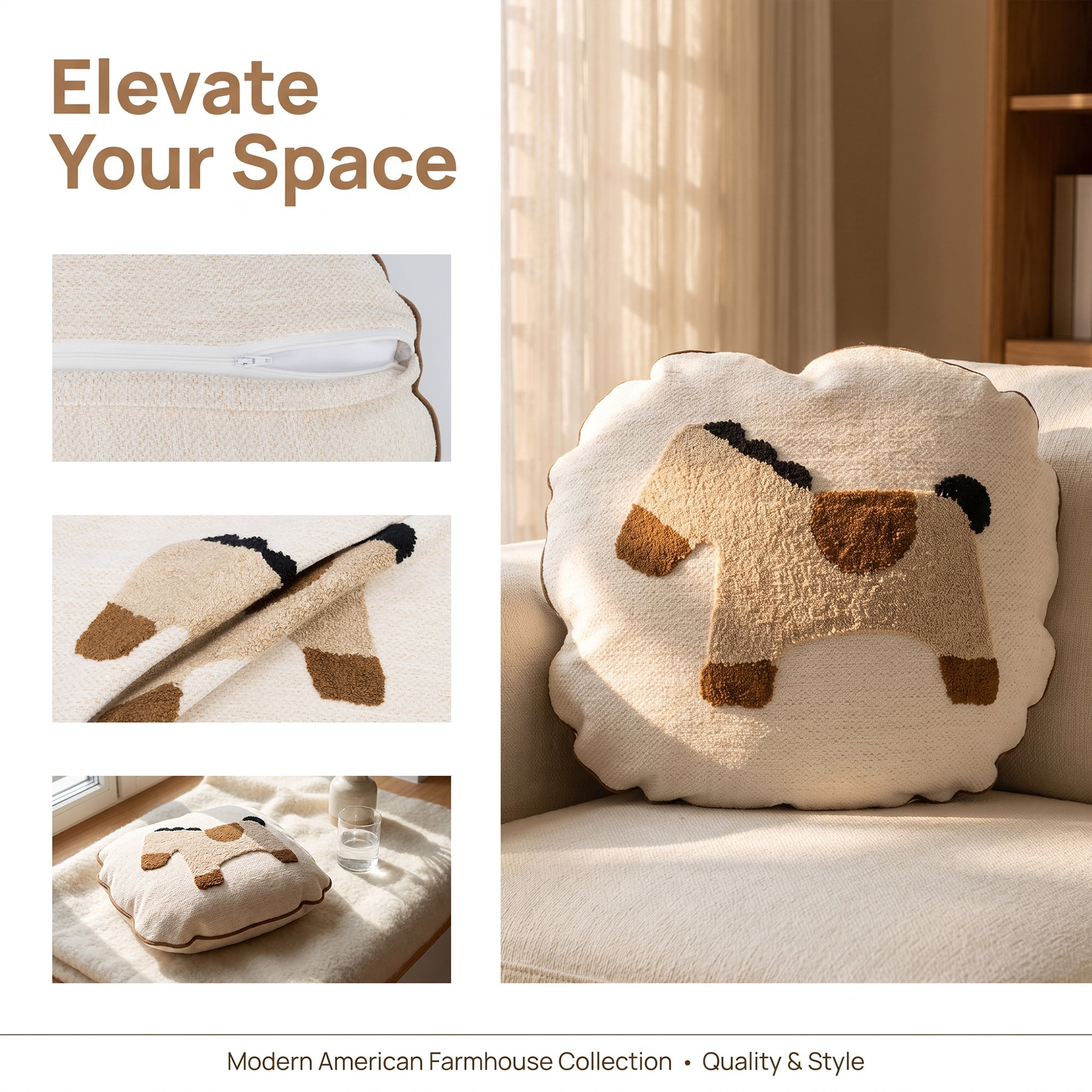 Unique Bargains 3D Tufted Cute Animal Throw Pillow Cushion Cover Round Brown Horse 18"x18"
