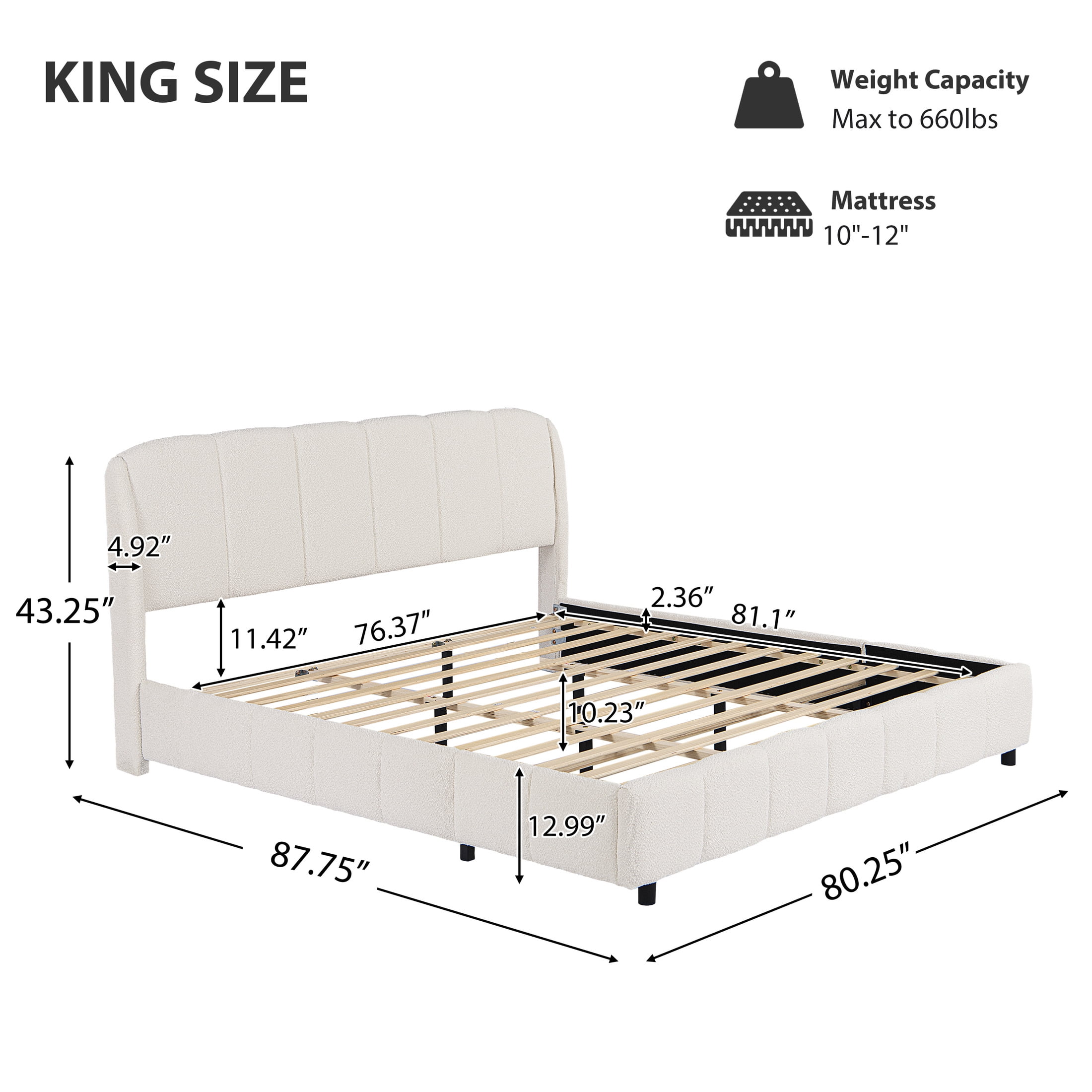 Christopher Knight Home 87.75" King Size Bed Frame with Curved-Shaped Headboard, Beige Boucle Upholstery