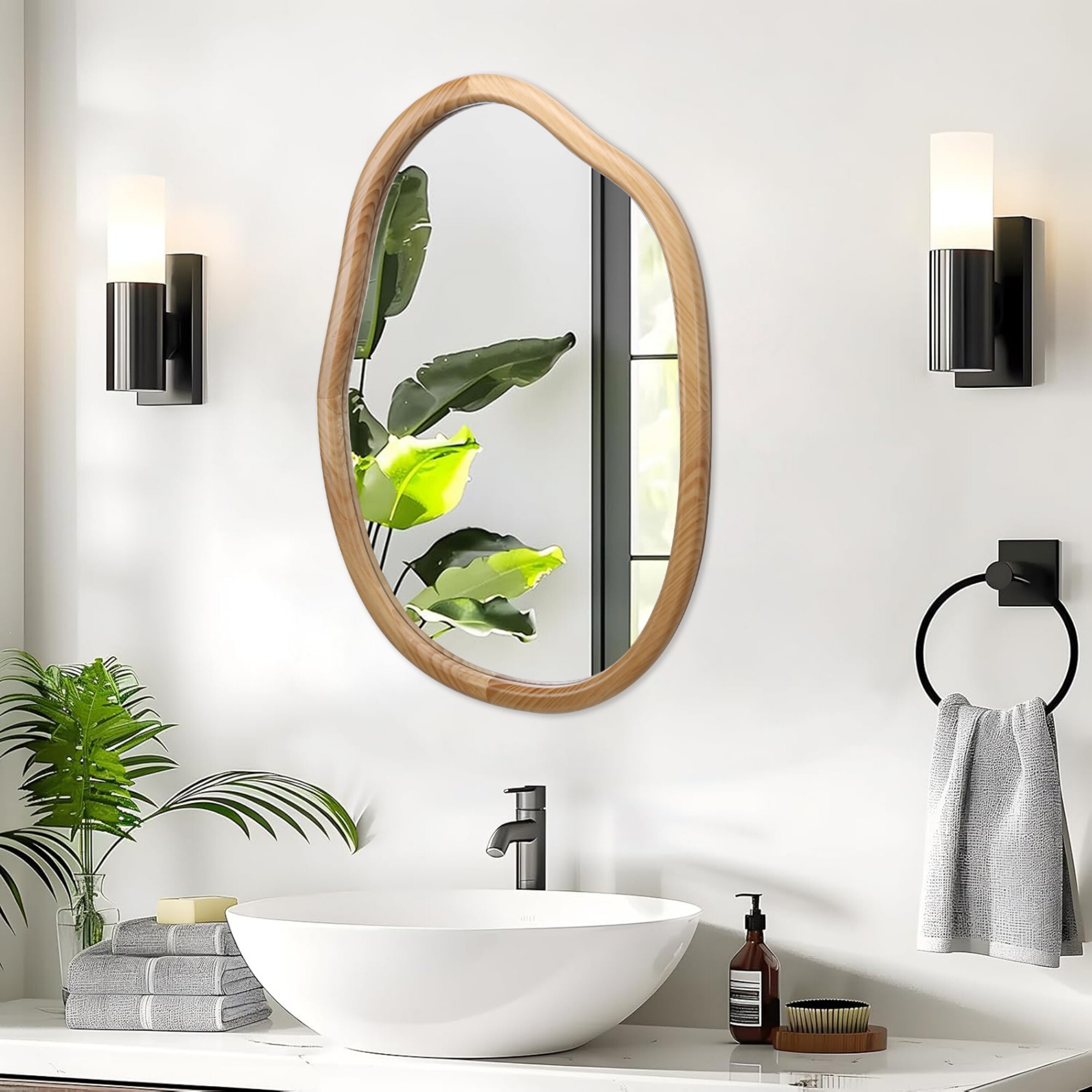 AENKYO Modern Irregular Wavy Mirror, Asymmetrical Wood Frame Decorative Wall Mirror for Bedroom & Living Room, Natural