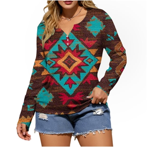 Craaazy Women's Western Aztec Print V-Neck Casual Long Sleeve Loose Fit Buttoned T-Shirt (Vintage Red & Brown Diamond) Gifts