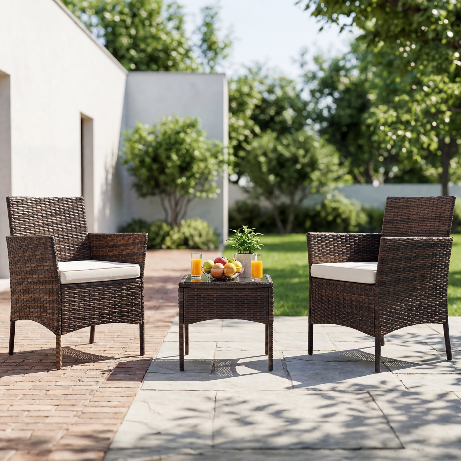 SHOUFTW 3-Piece Patio Furniture Set, Wicker Outdoor PE Rattan Furniture with Coffee Table & Washable Cushion, Compact Bistro Conversation Seating for Balcony, Garden, Poolside, Porch, Brown