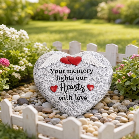 Memorial Garden Stones, Heart Shaped Resin Angel Wings Garden Stones In Memory of Loved Ones Remembrance Plaque, Bereavement Gift Outdoor Pet Cat Dog Funeral Grave Marker Cemetery Patio Decor