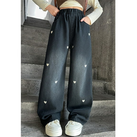 Girls Jeans Denim Casual Elastic High Waist Wide Leg Pants Kids Jeans Summer Fall Baggy Pants Love Pattern Loose Wide Leg Pants (5-6 Years, Black)