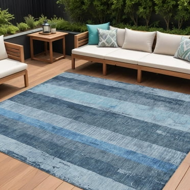 HomeRoots 617839 8 x 10 ft. Blue & Gray Striped Washable Indoor & Outdoor Rectangle Area Rug