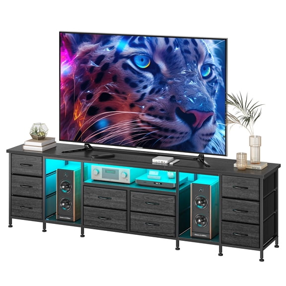 Romorgniz 75.5" TV Stand with LED Lights & Power Outlets, 10-Drawer Media Console for 85 Inch TV, Entertainment Center for Living Room, Bedroom, Black