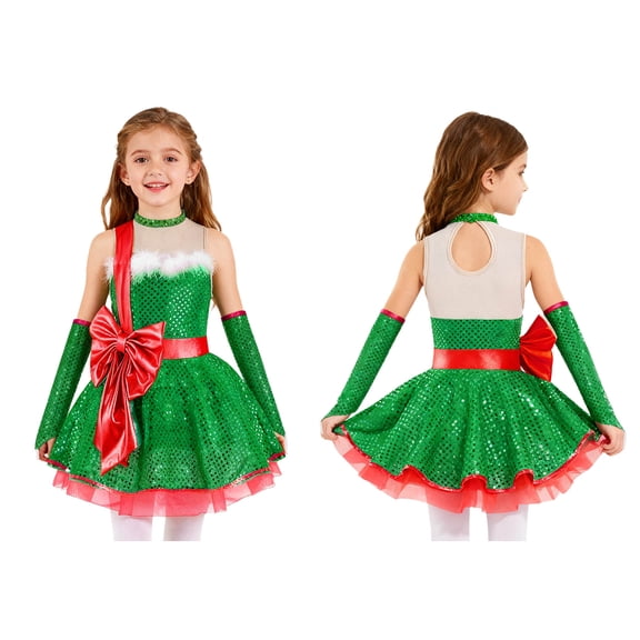 iiniim Christmas Dance for Girls Santa Claus Cosplay Party Figure Ice Skating Tutu Dress with Oversleeves Green 10