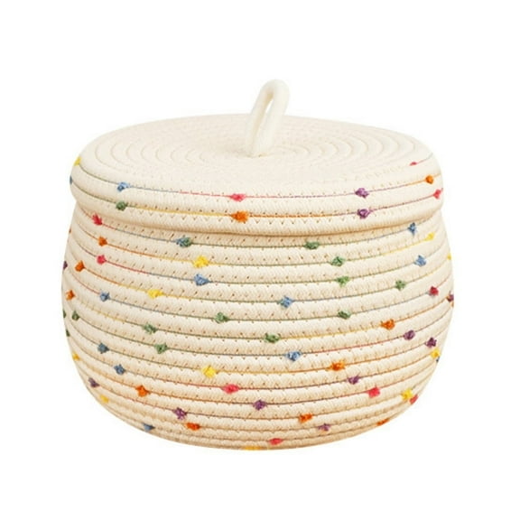Storage Basket with Lid, Dingrich Round Cotton Rope Basket Small Decorative Basket, Cute Colorful Rainbow Container Woven Storage Bin for Organizing (9.84 x 9.84 x 6.29 in)