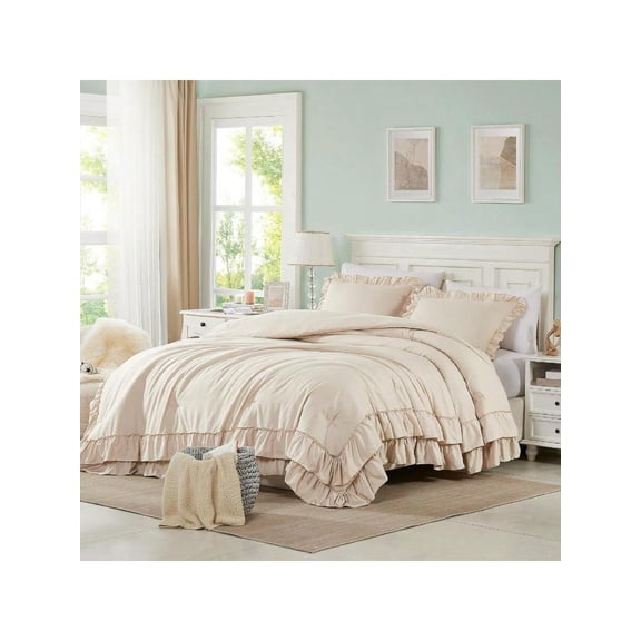 Pink Ruffle King Size Comforter Set Shabby Chic Boho Bedding Comforter Sets Fluffy Cozy Bedding Comforters Sets For All Season 3PCS Lightweight Farmhouse Rustic Bedding Sets Beige
