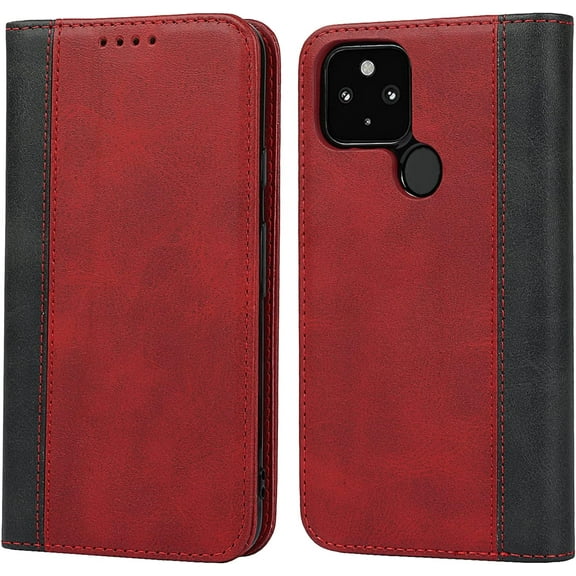 Google Pixel 5 Wallet Case,Pixel 5 Folio Flip Case,ID&Credit Cards Slots Holder Pocket PU Leather Stand Feature and Strong Built-in Magnet Shockproof Case for Google Pixel 5,Red Black