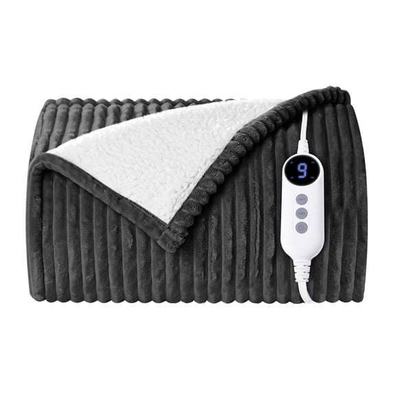 Vccoem Electric Heated Blanket Throw 50"x60", 9 Heat Levels & 2 to 10 Hours Auto Shut-Off, Over-Heat Protection, Soft Ribbed Flannel to Sherpa, Machine Washable, Dark Gray