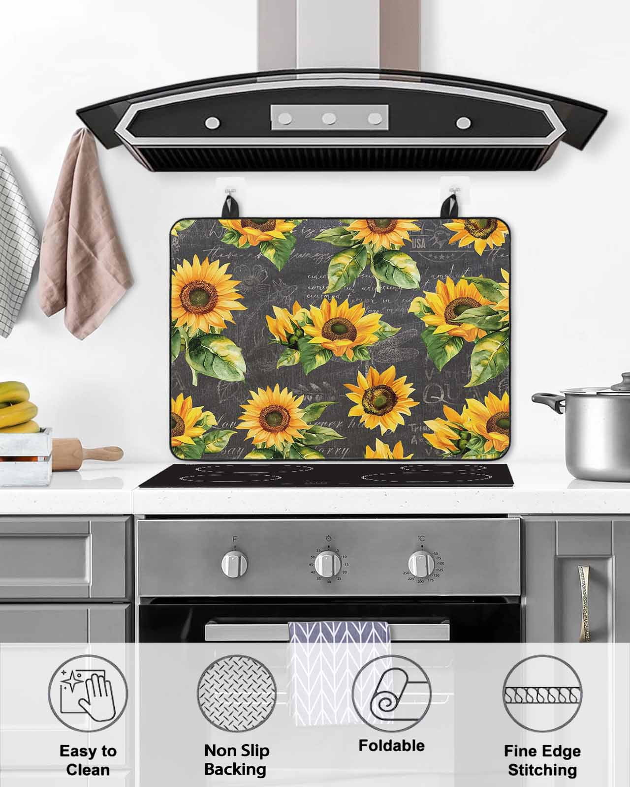 nqOlkjepod Large Induction Cooktop Protector Mat 36"x21", Sunflower Black Retro Stove Top Covers for Electric Stove, Spring Summer Flowers Botanical Stove Burner Cover Mats, Glass Top Stove Cover