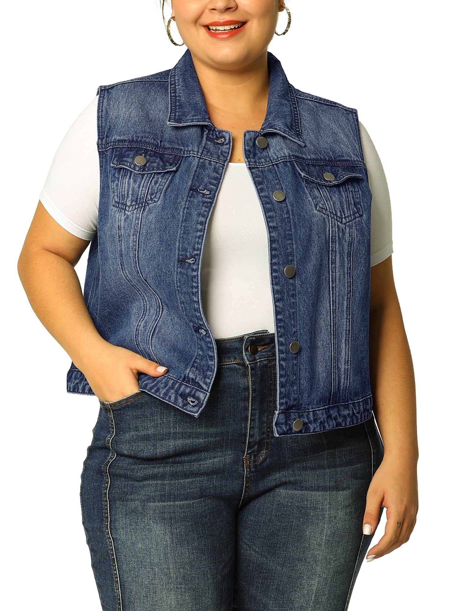 Unique Bargains Juniors' Plus Size Chest Pockets Single Breasted Denim Vest