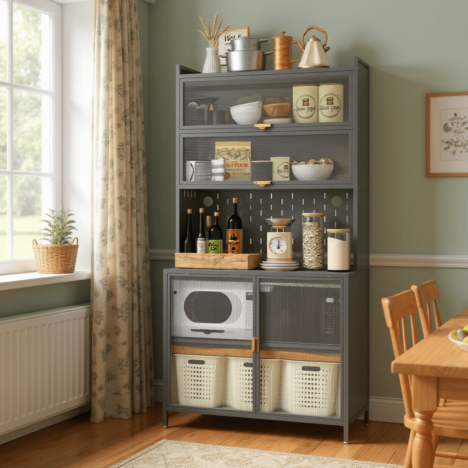 Homy Casa Tall Pantry Cabinet with Glass Sliding Doors and Multi-Layer Storage for Kitchen, Gray