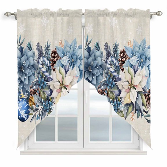 Blue Christmas Poinsettia Swag Valances for Windows 2 Pack, Kitchen Window Curtains 36 Inch Length, Xmas Botanical Balls Snowflake Rustic Privacy Swag Curtains for Living Room/Bathroom 36"x36"