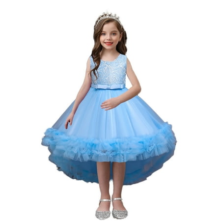 

Girls Mesh Princess Dress Sweet Style High Waist Bow Decoration Embroidery Sleeveless Formal Trailing Dress