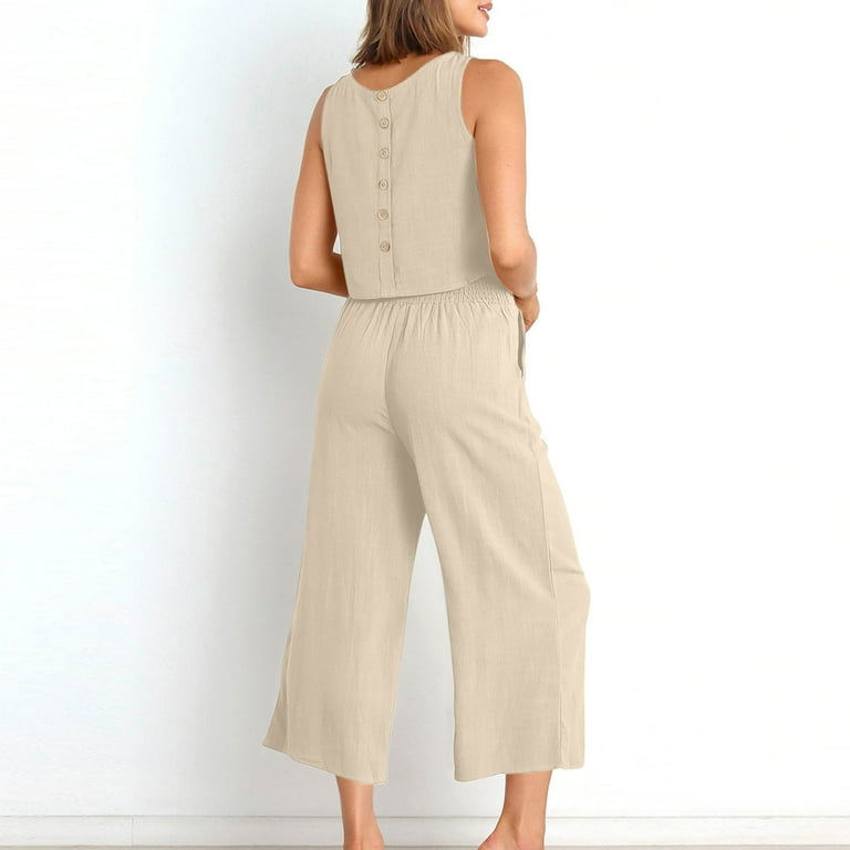Linen Sets for Women 2 Piece Outfits Summer Shirt and Wide Leg