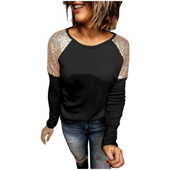 yievot Women's Long Sleeve Sequin T-Shirt Round Neck Dressy Casual Shirts Tops Trendy Blouse