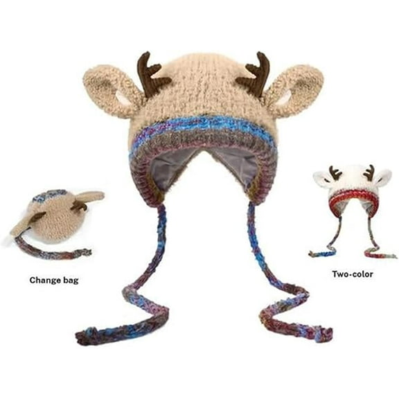 Christmas Antler Hat,Creative Reindeer Knitted Xmas Beanie & Bag 2-in-1,Foldable Deer Antler Winter Hat with Storage Handbag (Khaki)