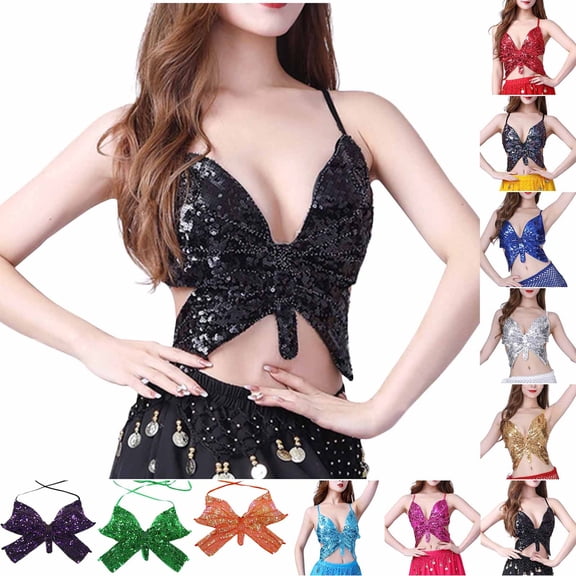 Ahuyic Womens Sports Bra,Summer Plus Size Bra,Womens Solid Color Sequin Strap Adjustment Chest Cushion Dance Costume Bras,Red,Free Size