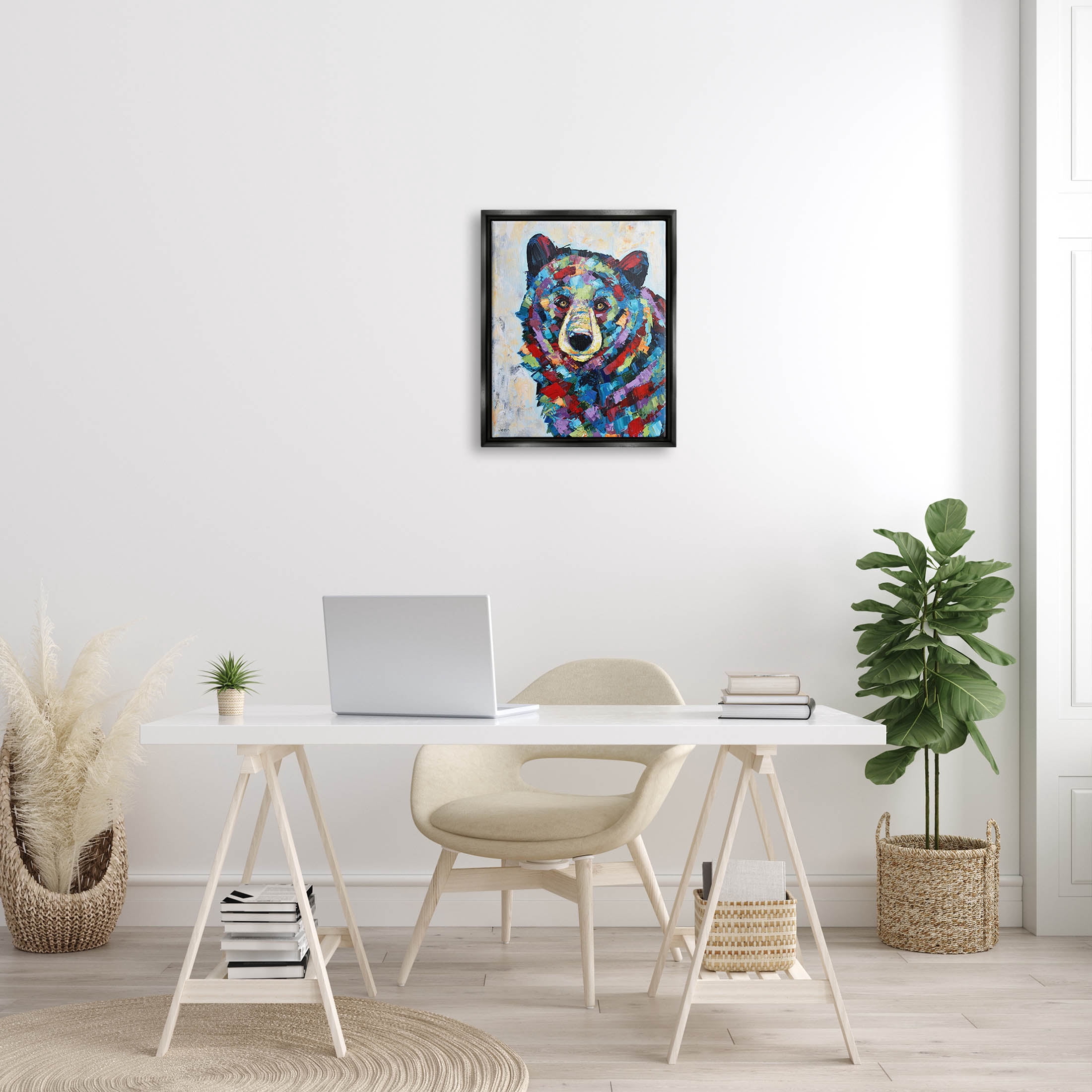 Geometric Hued Abstract Bear Animals & Insects Painting Jet Black Framed Art Print Wall Art