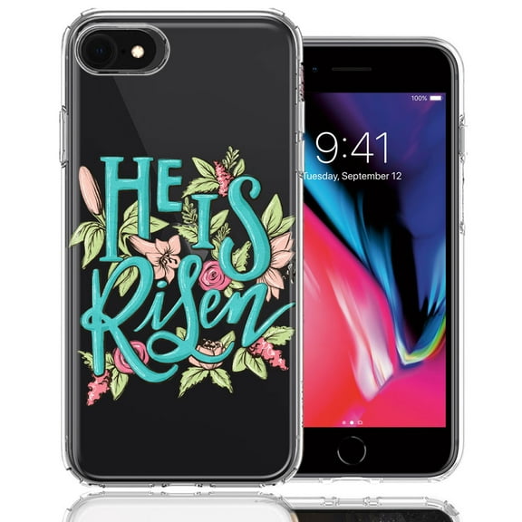 MUNDAZE for Apple iPhone 6/7/8/SE He Is Risen Text Easter Jesus Christian Flowers Double Layer Phone Case Cover