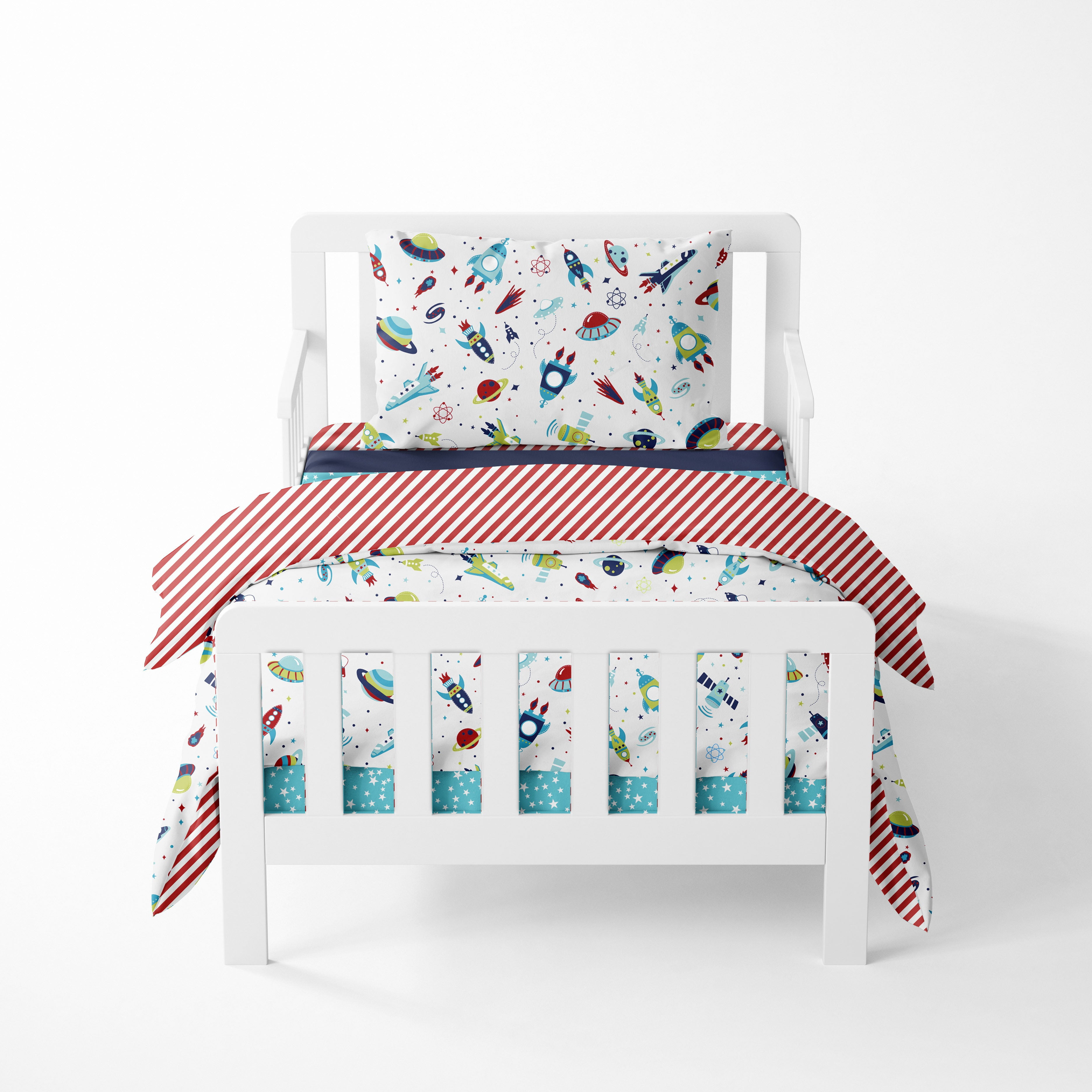 Bacati - Boys 4 pc Toddler Bedding/3 pc Sheet Set 100% Cotton Percale, Airspace Aqua/Red/Orange/Green/Navy