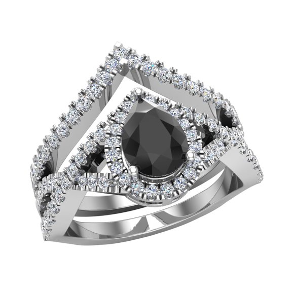 14K White Gold Wedding Ring Set for Women Pear Cut Black Diamond Big Rings (I,I1)