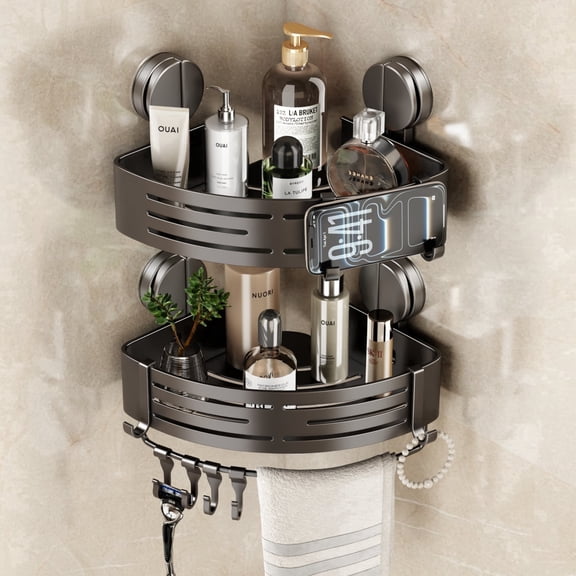 Sofinny Corner Shower Caddy Suction Cup, 2 Pack No Drilling Shower Shelves Organizer Corner with Towel Bar & Multifunctional Hooks Wall Mounted (Gray)