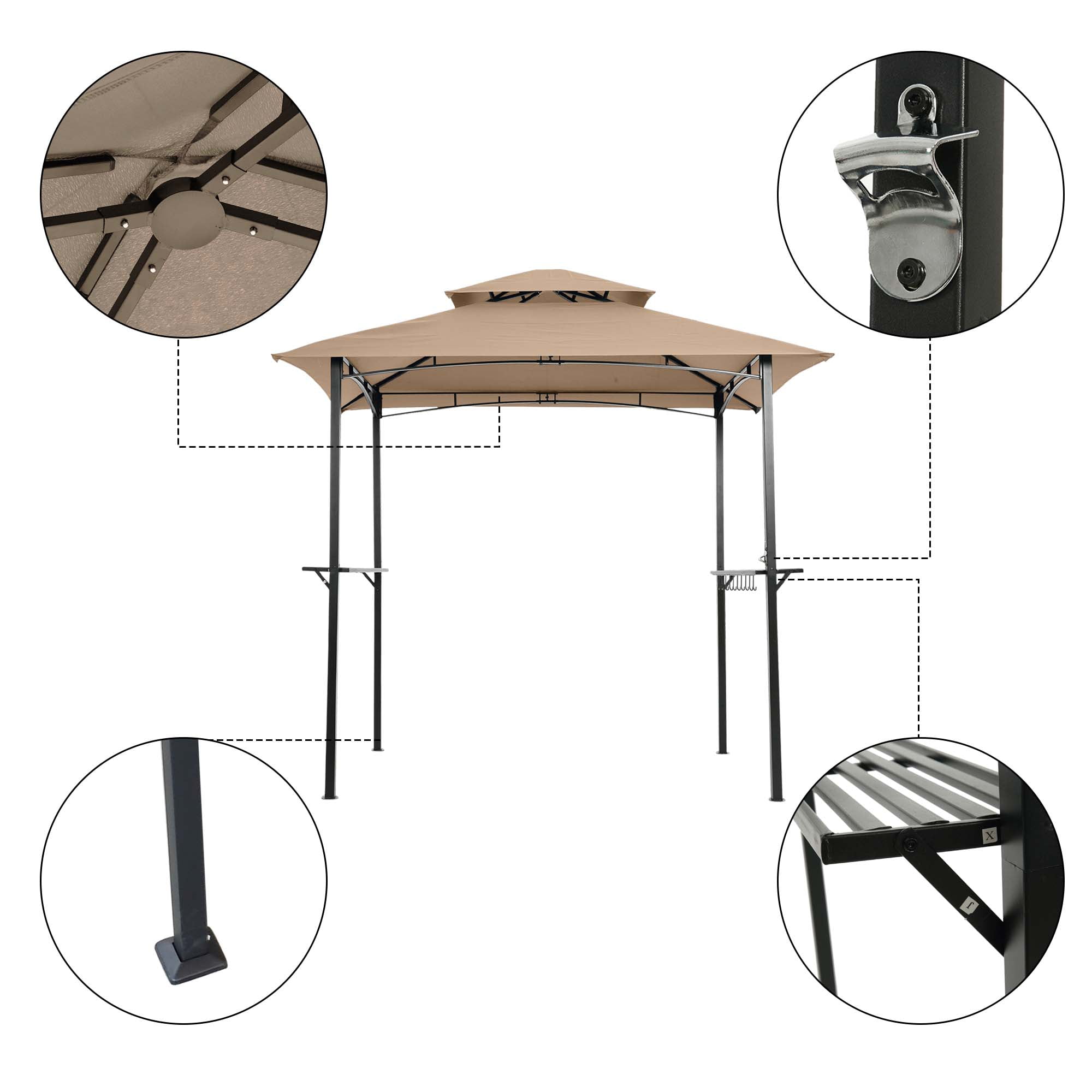 Aukfa 8'x 5' Outdoor Modern Steel Grill Gazebo with Hook and Bar Counters, Khaki