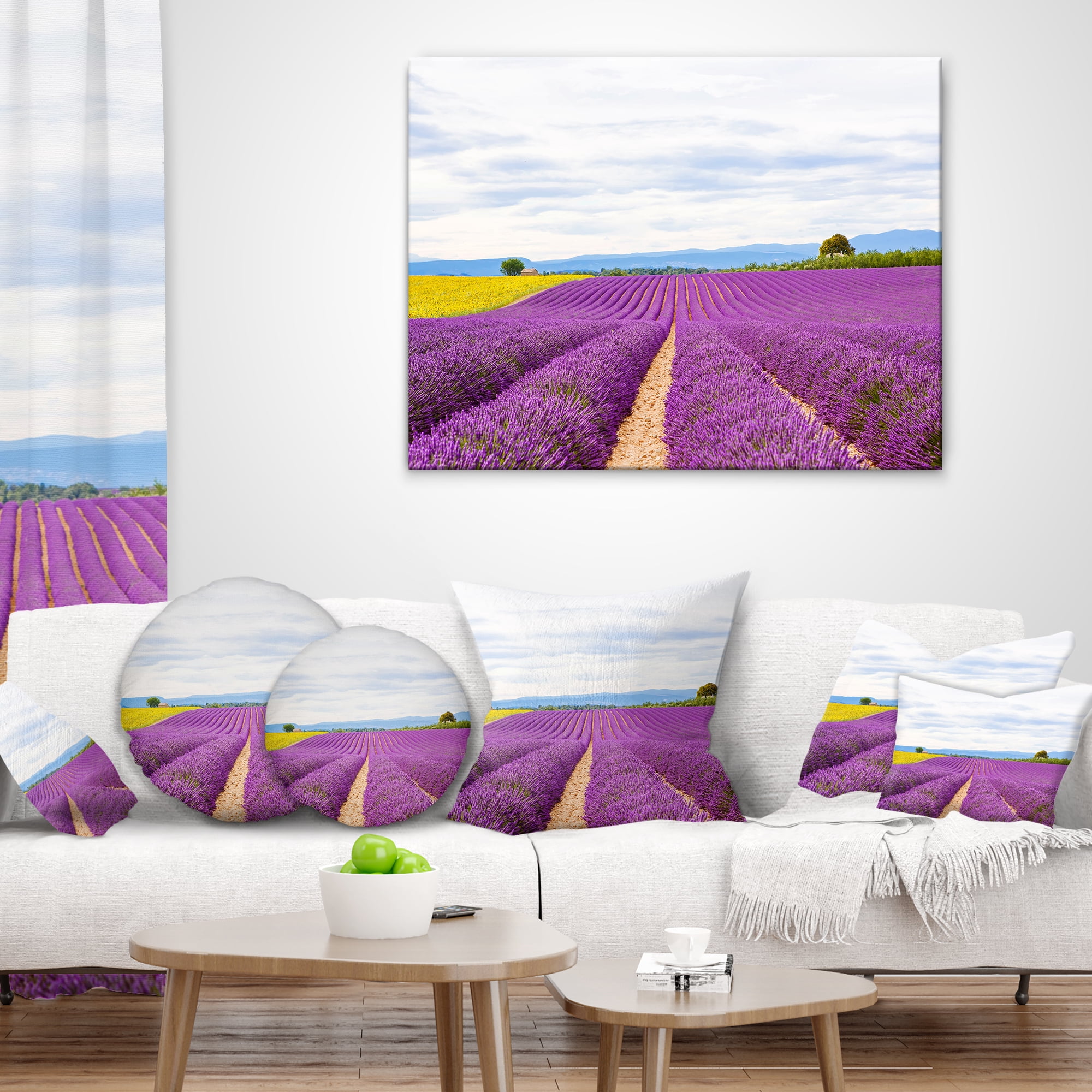Designart Sunflower and Lavender Fields - Landscape Printed Throw Pillow - 12x20