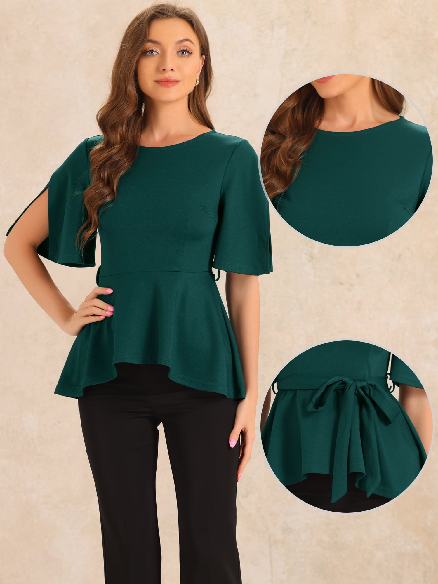 DARING DIVA Women's Split Half Sleeve Crew Neck Peplum Blouses M Dark Green
