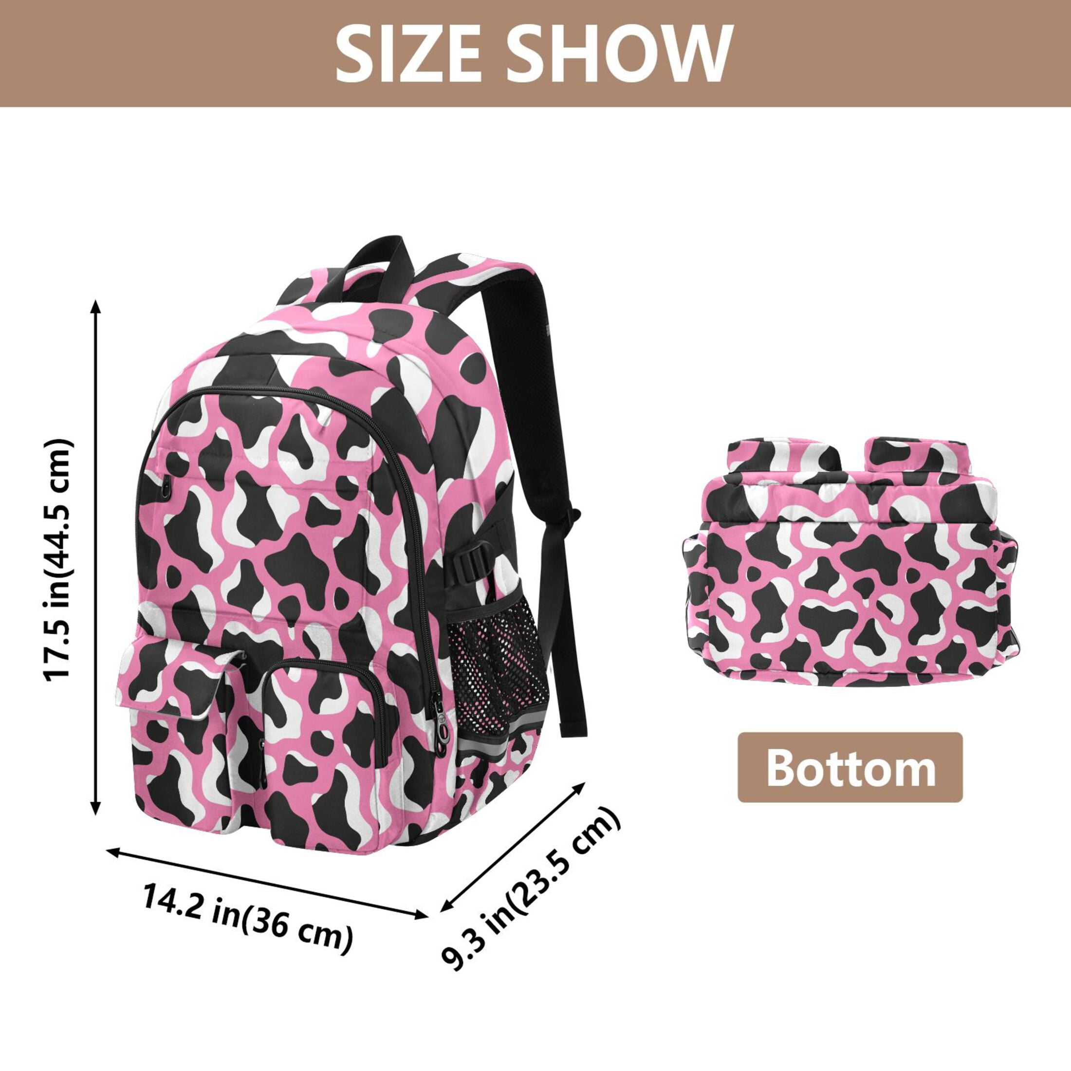 DIXRUYEE Pink Background Cow Print Pattern Backpack for School 14”Laptop Compatible with Reflective Safety Strips
