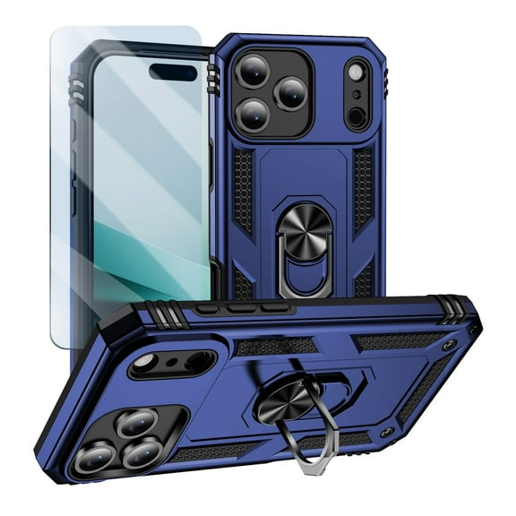 Pozyie Rugged Case for iPhone 17 Pro Max with Screen Protector, Full-Body Shockproof Protective Cover with Metal Magnetic 360° Rotating Ring Kickstand, Blue