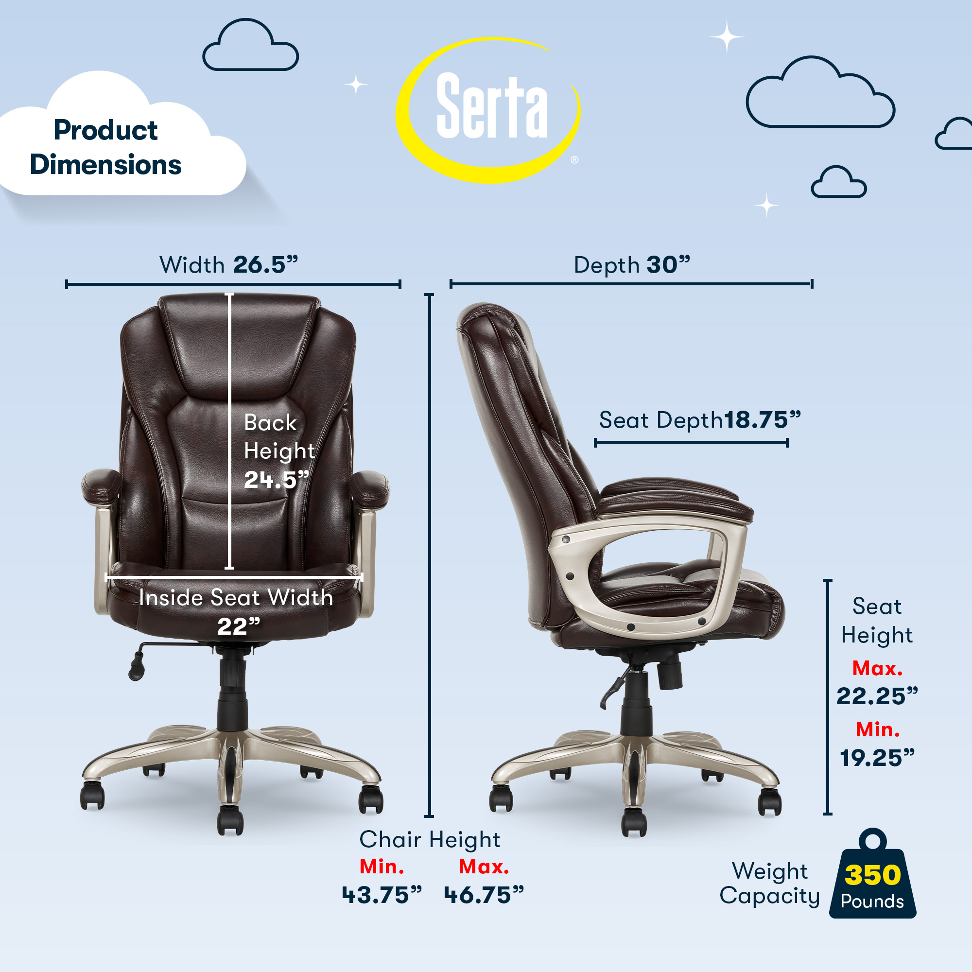Serta Heavy-Duty Bonded Leather Commercial Office Chair with Memory Foam, 350 lb capacity, Brown - image 4 of 8
