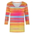 thumbnail image 6 of Uootdi Summer Tops for Women V Neck Horizontal Stripe Gradient 3/4 Sleeve Curved Hem Loose Fit Tops Coastal Stroll Lightweight Orange Tops Women, 6 of 7