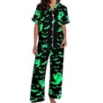 thumbnail image 3 of Halloween Pajamas Women Casual Full Printed Silk Satin Short Sleeve Button Down Lapel Pocket Shirts Loose Straight Pants Comfy Sleepwear Fall Winter 2 Pc Womens Loungewear Set Green XXL, 3 of 7