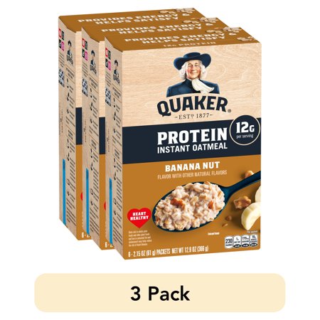 (3 pack) Quaker Protein Instant Oatmeal, Banana Nut, 12g Protein per Serving, Whole Grains, No Artificial Flavors, 2.15 oz Packets, (6 Pack)