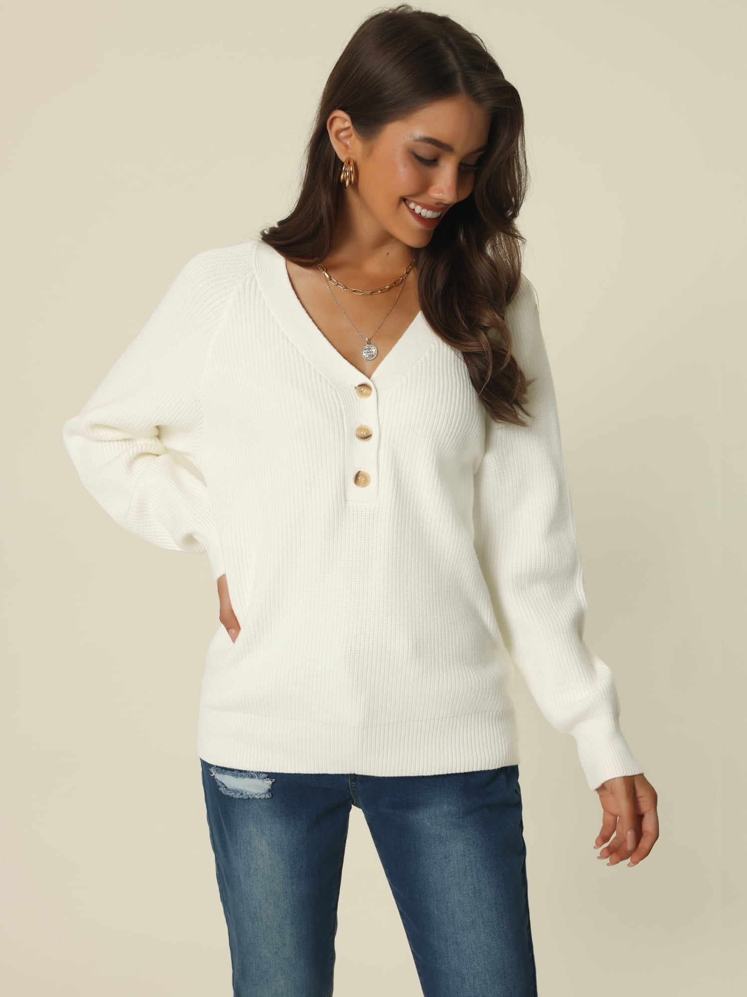 Women's V Neck Button Up Long Sleeve Ribbed Knit Loose Chunky Warm Pullover Sweater Top S White