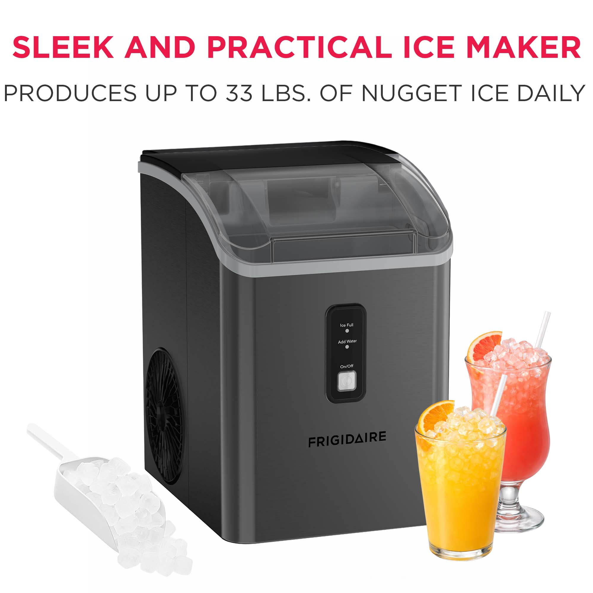 Frigidaire Nugget Ice Maker 33 Lbs, Black Stainless Steel Countertop Soft Pellet Ice Maker for Home, Kitchen, Office, Bar
