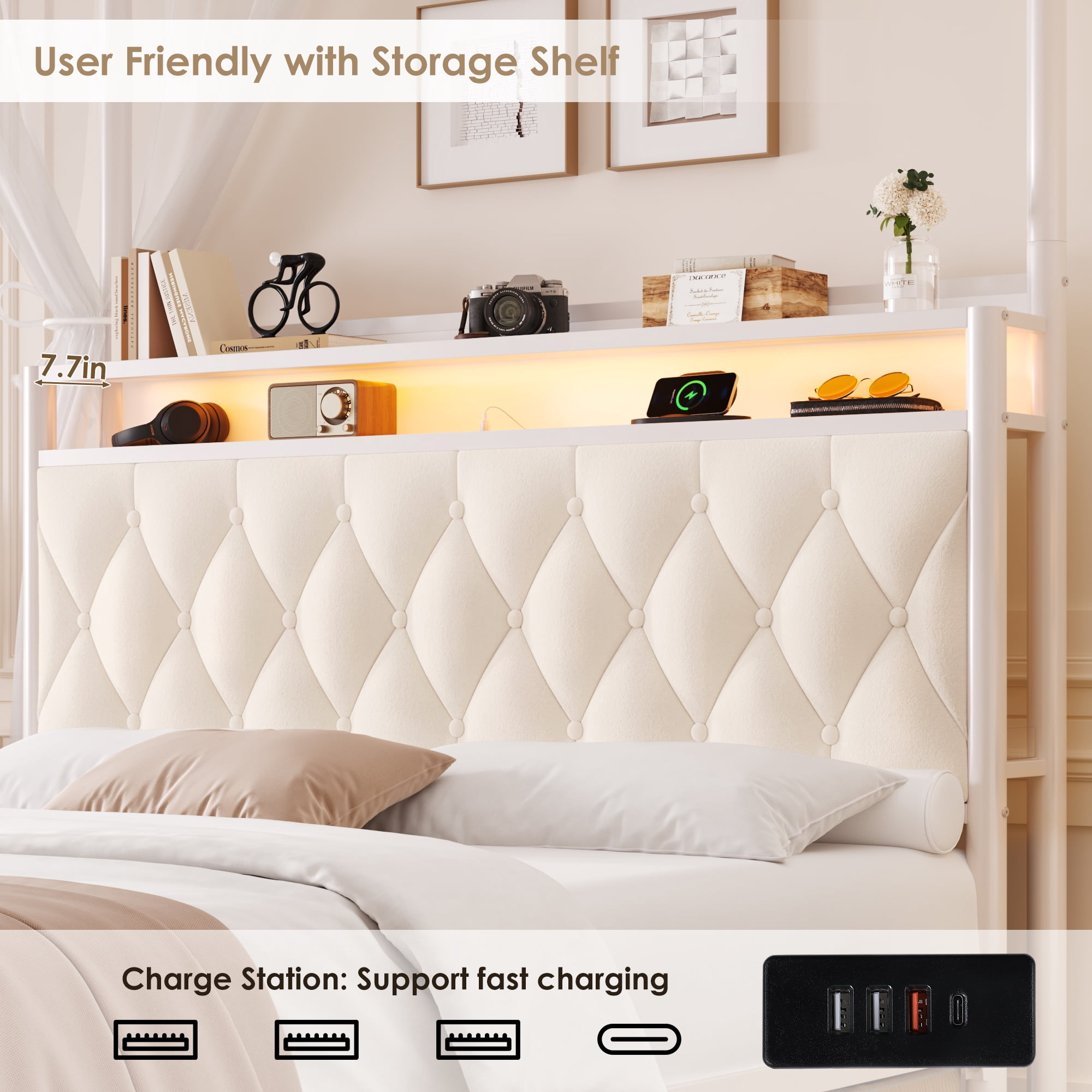Hiphuta Full Size Upholstered Canopy Bed with Charging Station & Storage Drawer,Button Tufted Headboard with LED Light, Full Bed Frames, Beige