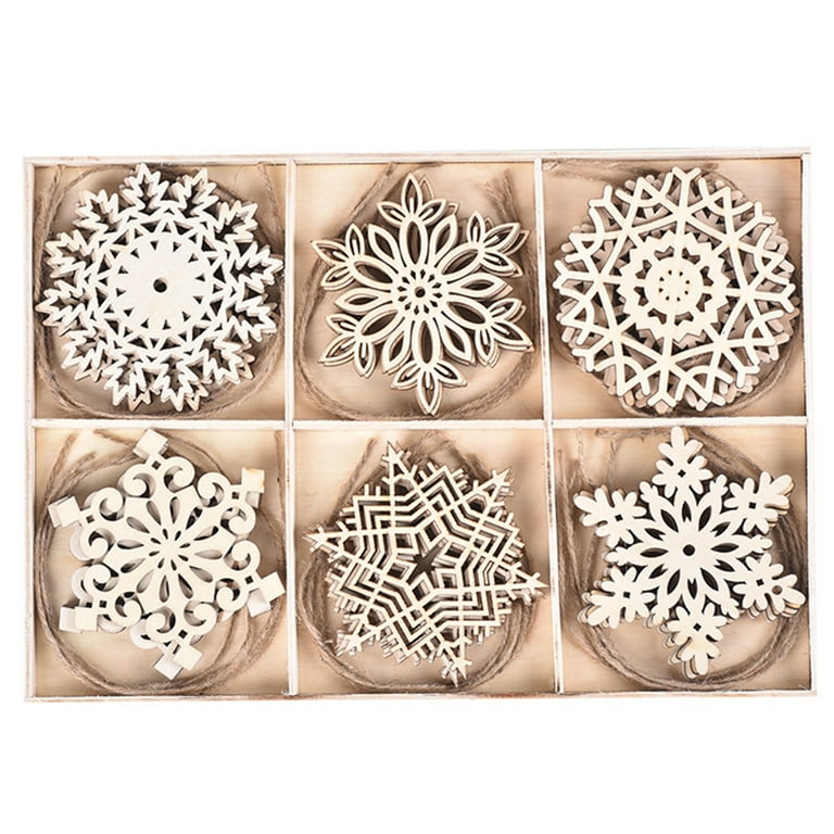 ZUARFY 24Pcs Wooden Snowflakes Ornaments 10cm Christmas Tree Hanging  Decorations Rustic Ornament Wood Crafts 