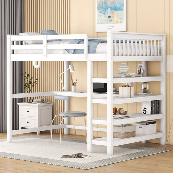 Euroco Wood Full Loft Bed with Desk and Storage Shelf, White